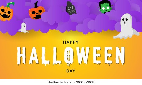 Happy Halloween day background with cloud and element in halloween day on orange background , vector illustration EPS 10