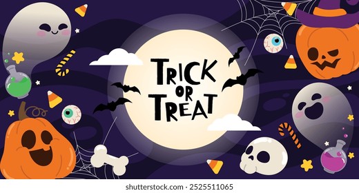 Happy Halloween day background. Cute Spooky hand drawn design of Jack O Lantern, pumpkin, eyeball, spider web, candy corn, ghost, bat. Horror Autumn festival illustration for poster, backdrop, ads.