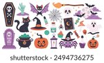 Happy Halloween day background element vector. Cute collection of creepy ghost, pumpkin, bat, candy, cat, skull, spider, grave, zombie hand. Adorable Halloween festival elements for decoration, prints