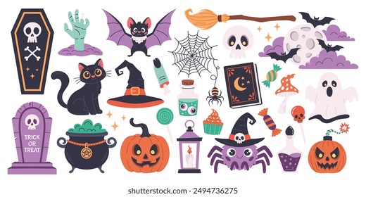 Happy Halloween day background element vector. Cute collection of creepy ghost, pumpkin, bat, candy, cat, skull, spider, grave, zombie hand. Adorable Halloween festival elements for decoration, prints