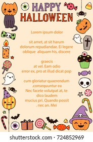 Happy halloween day background, frame, greeting card, poster, menu, party invitation. Cute cartoon icon, element. Copy space for text, festive, celebrations. Flat design. Vector illustration.