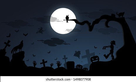 Happy Halloween Day background. Silhouette characters of ghost, fox, tree and pumpkins. Creative Halloween Background design in EPS10 vector illustration.