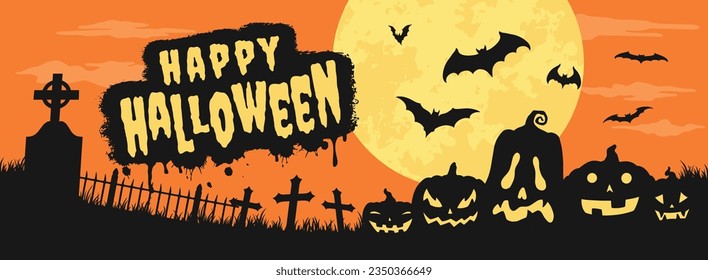 Happy Halloween day banner colorful with pumpkins lying on grass near grave crosses and bats with full moon vector illustration