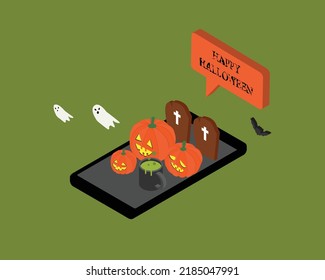 happy Halloween day banner with night theme of pumpkin with isometric mobile