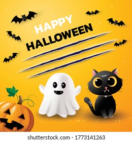 Happy halloween day banner, pumpkin ghost cat