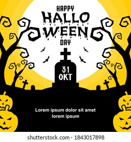 Happy Halloween Day Banner Template for Social Media, Brochure, Flyer, Invitation Card, Sticker. Halloween Design with Full Moon, Pumpkin, Bat, Tree and Graveyard Night Landscape