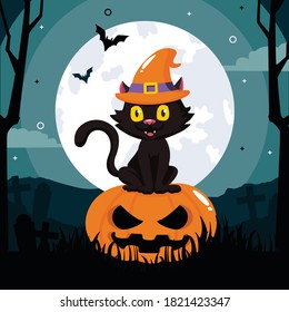 Happy Halloween Day , Bat and spider , Cute pumpkin smile spooky scary but cute and black cat party under moon , vector illustration , sign element