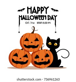 Happy Halloween Day ,  Bat and spider on text , Cute pumpkin smile spooky scary but cute and black cat party isolated on white background , vector illustration , sign element