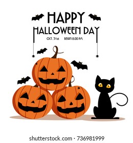 Happy Halloween Day ,  Bat and spider on text , Cute pumpkin spooky scary smile and black cat party isolated on white background , vector illustration , sign element