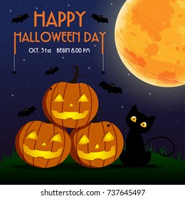 Happy Halloween Day ,  Bat and spider on text , Cute pumpkin smile spooky scary but cute and black cat party under moon , vector illustration , sign element