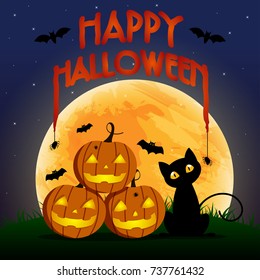 Happy Halloween Day ,  Bat and spider on text , Cute pumpkin smile spooky scary but cute and black cat party under moon , vector illustration , sign element