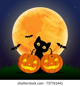 Happy Halloween Day ,  Bat and spider , Cute pumpkin smile spooky scary but cute and black cat party under moon , vector illustration , sign element