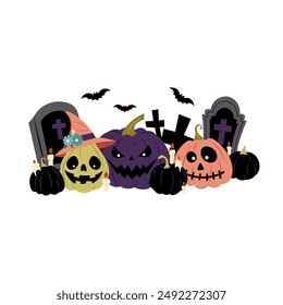 Happy Halloween day. Colorful pumpkins with scary face, tombstones and bats. Background for a scary Halloween party. Illustration in flat style.