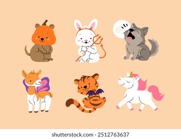 Happy Halloween day cute animal vector. Cartoon collection of animals with halloween costumes, pumpkin, imp, wings, unicorn. Adorable animal characters in autumn festival