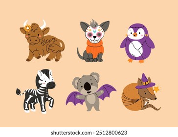 Feliz día de Halloween lindo Vector animal. Colección de dibujos animados de animales con disfraces de halloween, calabaza, esqueleto, mago, alas. Adorables personajes animales en el festival de otoño