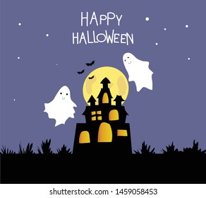 Happy Halloween day. Cute background of scary house, full moon, white ghost, flying bats with text.