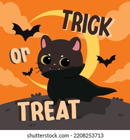 Happy Halloween Day Cute Cat Background Vector. Cute Kitten With Vampire Costume, Bat, Trick Or Treat, Horror Night Setting. Adorable Autumn Festival Poster For Decoration, Prints.