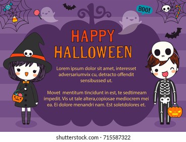 Happy halloween day. Cute character boy and girl wearing halloween costumes with text happy halloween. Greeting Card, Poster, Party Invitation. Copy space for text. Flat design. Vector Illustration.
