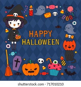 Happy halloween day. Cute character girl wearing halloween costumes with text happy halloween. Greeting Card, Poster, Party Invitation. Flat design. Vector Illustration.
