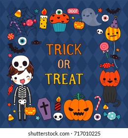Happy halloween day. Cute character boy wearing halloween costumes with text trick or treat. Greeting Card, Poster, Party Invitation. Flat design. Vector Illustration.