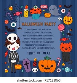 Happy halloween day. Cute character boy wearing halloween costume with text halloween party. Greeting card, poster, party invitation. Copy space for text. Flat design. Vector illustration.