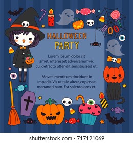 Happy halloween day. Cute character girl wearing halloween costume with text halloween party. Greeting card, poster, party invitation. Copy space for text. Flat design. Vector illustration.