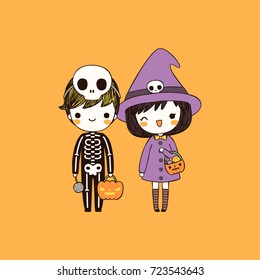 Happy halloween day. Cute couple cartoon boy and girl wearing halloween costumes. Greeting Card, Poster, Party Invitation. Isolated on orange background. Flat design. Vector Illustration.