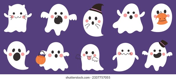 Happy Halloween day cute ghost vector. Cute collection of spooky ghost with halloween costumes, emotion, spirits. Adorable animal characters in autumn festival for decoration, prints, cover.