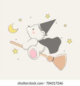 Happy Halloween day, cute little bear wizard riding bloom  flying in the star and moon sky