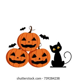 Happy Halloween Day , Cute pumpkin smile spooky scary but cute with bat and black cat party isolated on white background , vector illustration , sign element