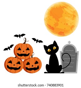 Happy Halloween Day , Cute pumpkin smile spooky scary but cute with bat and black cat party under moon isolated on white background with copy space , graves , vector illustration , sign element