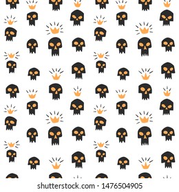 Happy Halloween or Day of the Dead fantasy background. Hand drawn evil vampire skulls and shining crowns seamless repeat vector pattern. Cute cartoon doodle style funny sculls with sharp teeth, fangs.