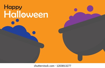 Happy Halloween day design background. Cute cartoon character. Halloween theme Vector holiday, can be used as a greeting card, poster, print or banner, witch pot, vector illustration.