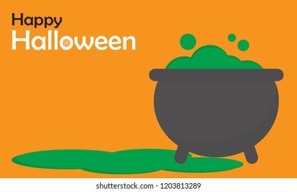 Happy Halloween day design background. Cute cartoon character. Halloween theme Vector holiday, can be used as a greeting card, poster, print or banner, witch pot, vector illustration.