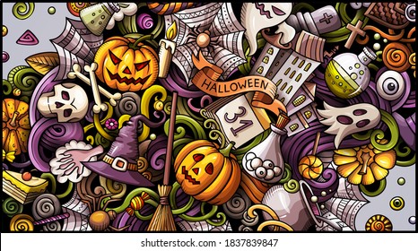 Happy Halloween day doodle banner design. Cartoon background. Celebration flyer template. Color vector holiday illustration