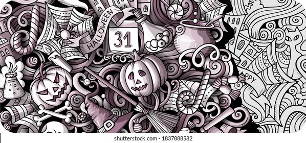 Happy Halloween day doodle banner design. Cartoon background. Celebration flyer template. Monochrome vector holiday illustration