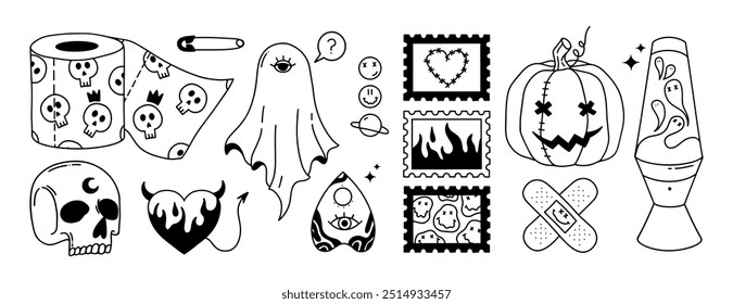 Feliz día de Halloween doodle Elementos. Halloween Y2K Vector dibujado a mano conjunto. Paquete de pegatinas de terror. Calabaza, cráneo, fantasma, sellos postales, corazón del diablo, lámpara de lava, papel higiénico, ojo místico