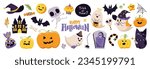 Happy Halloween day element background vector. Cute collection of spooky ghost, pumpkin, bat, candy, cat, skull, spider, grave, castle. Adorable halloween festival elements for decoration, prints.
