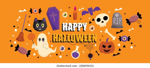 Happy Halloween day element background vector. Cute collection of spooky ghost, spider, Jack o lantern, bat, skull, black cat, cady. Adorable autumn festival elements for decoration, prints, cover.