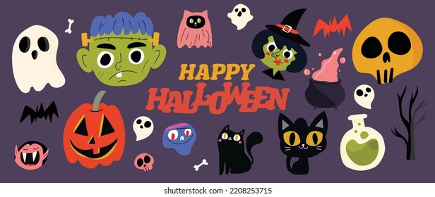 Happy Halloween day element background vector. Cute collection of spooky ghost, frankenstein, Jack o lantern, bat, skull, black cat, witch. Adorable autumn festival elements for decoration, prints.