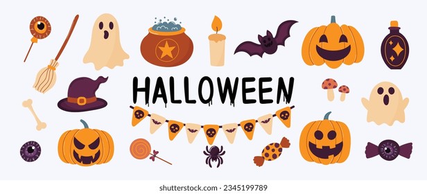 Happy Halloween day element background vector. Cute collection of spooky ghost, pumpkin, bat, lollipop, spider, cauldron, candle, bone. Adorable halloween festival elements for decoration, prints.