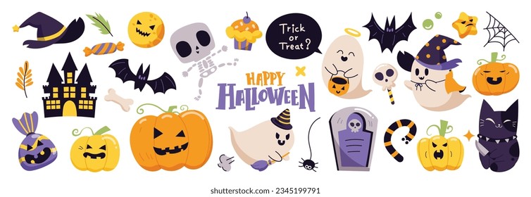 Happy Halloween day element background vector. Cute collection of spooky ghost, pumpkin, bat, candy, cat, skull, spider, grave, castle. Adorable halloween festival elements for decoration, prints.