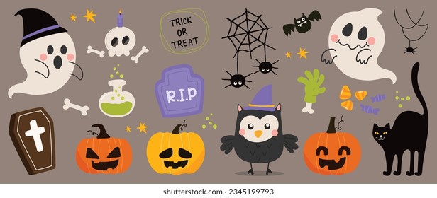 Happy Halloween day element background vector. Cute collection of spooky ghost, pumpkin, bat, candy, cat, coffin, grave, owl, lollipop. Adorable halloween festival elements for decoration, prints.