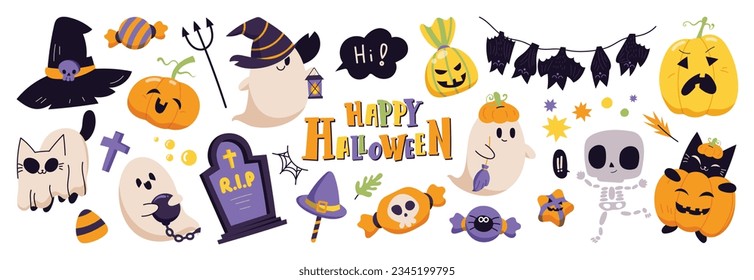 Happy Halloween day element background vector. Cute collection of spooky ghost, pumpkin, bat, candy, moon, skull, spider, cat, worm. Adorable halloween festival elements for decoration, prints.