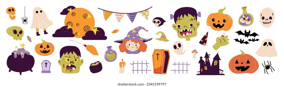 Vector de fondo del elemento Happy Halloween day. Cuesta colección de fantasmas espeluznantes, calabaza, murciélago, chupete, araña, caldero, zombi, bruja. Adorables elementos del festival de halloween para decoración, huellas.