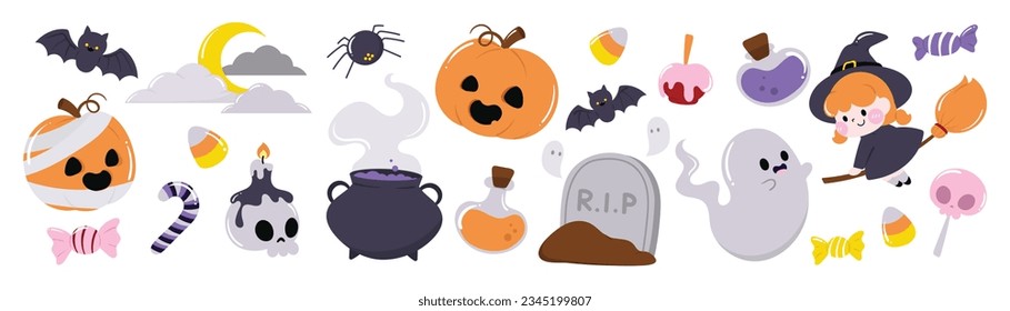 Happy Halloween day element background vector. Cute collection of spooky ghost, pumpkin, bat, lollipop, spider, cauldron, broom, grave. Adorable halloween festival elements for decoration, prints.