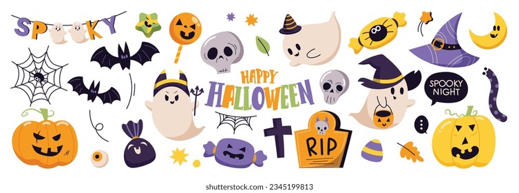 Happy Halloween day element background vector. Cute collection of spooky ghost, pumpkin, bat, candy, moon, skull, spider, grave, worm. Adorable halloween festival elements for decoration, prints.