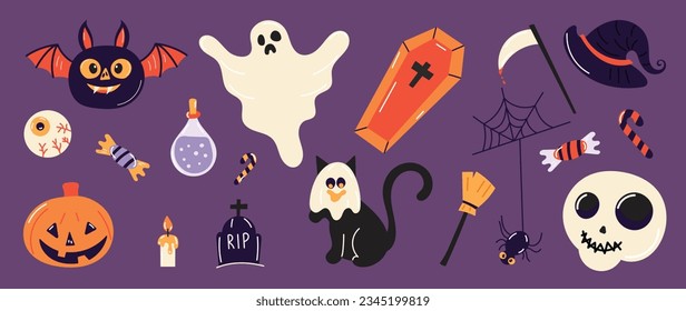 Happy Halloween day element background vector. Cute collection of spooky ghost, pumpkin, bat, candy, cat, skull, grave, spider, coffin. Adorable halloween festival elements for decoration, prints.