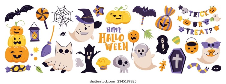 Happy Halloween day element background vector. Cute collection of spooky ghost, pumpkin, bat, candy, moon, skull, spider, cat, worm. Adorable halloween festival elements for decoration, prints.