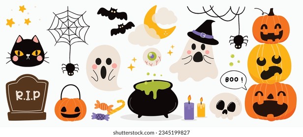 Happy Halloween day element background vector. Cute collection of spooky ghost, pumpkin, bat, candy, cat, skull, grave, cauldron, candle. Adorable halloween festival elements for decoration, prints.